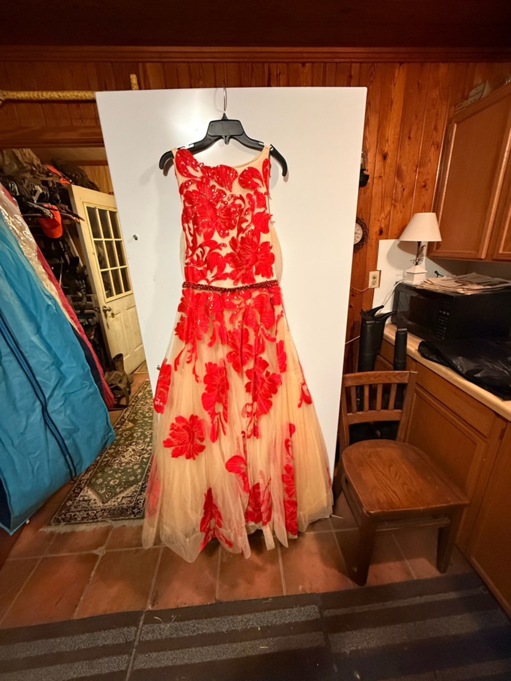Jovani Red Floral Appliqué Prom Dress